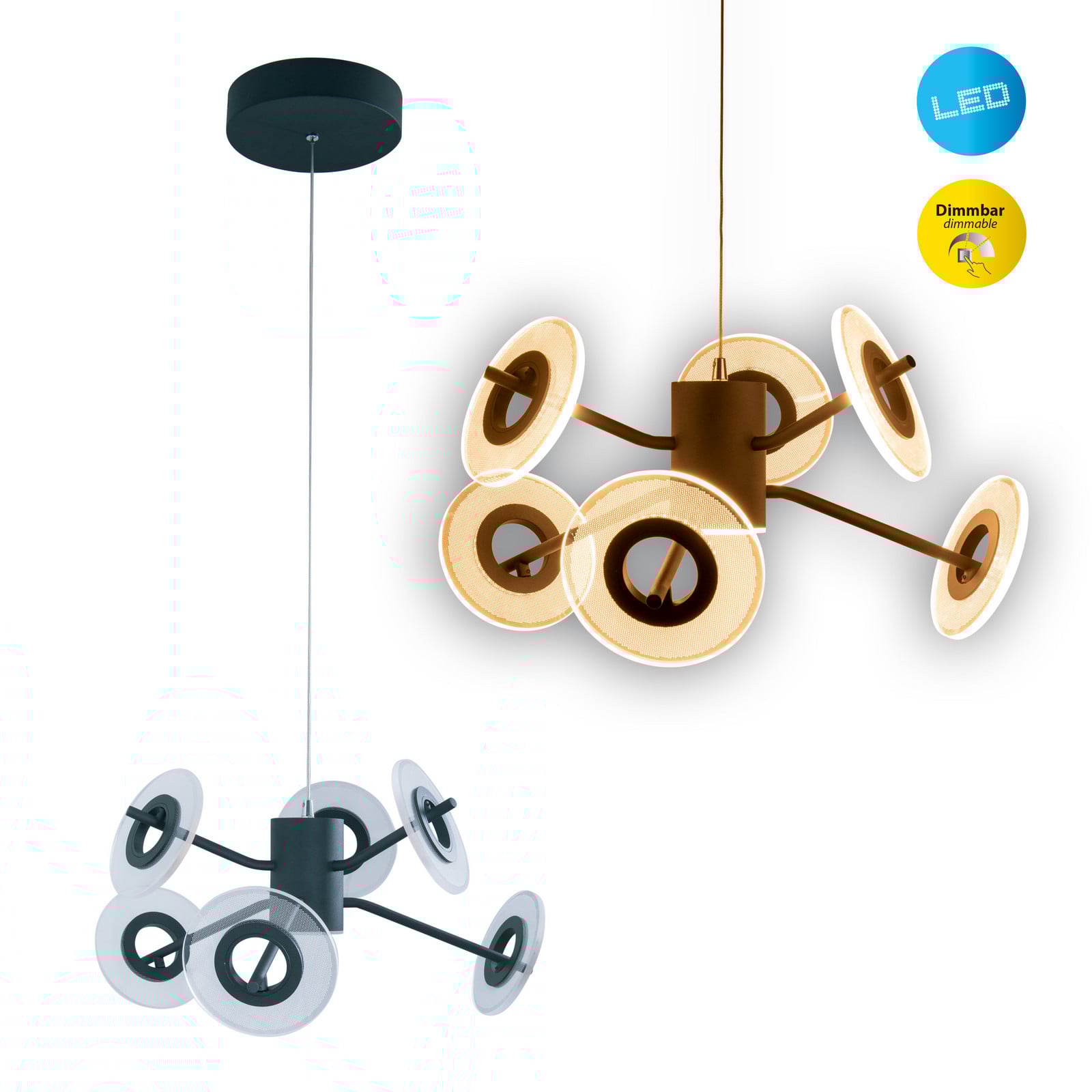 Discus LED viseća svjetiljka u crnoj boji, šest žarulja