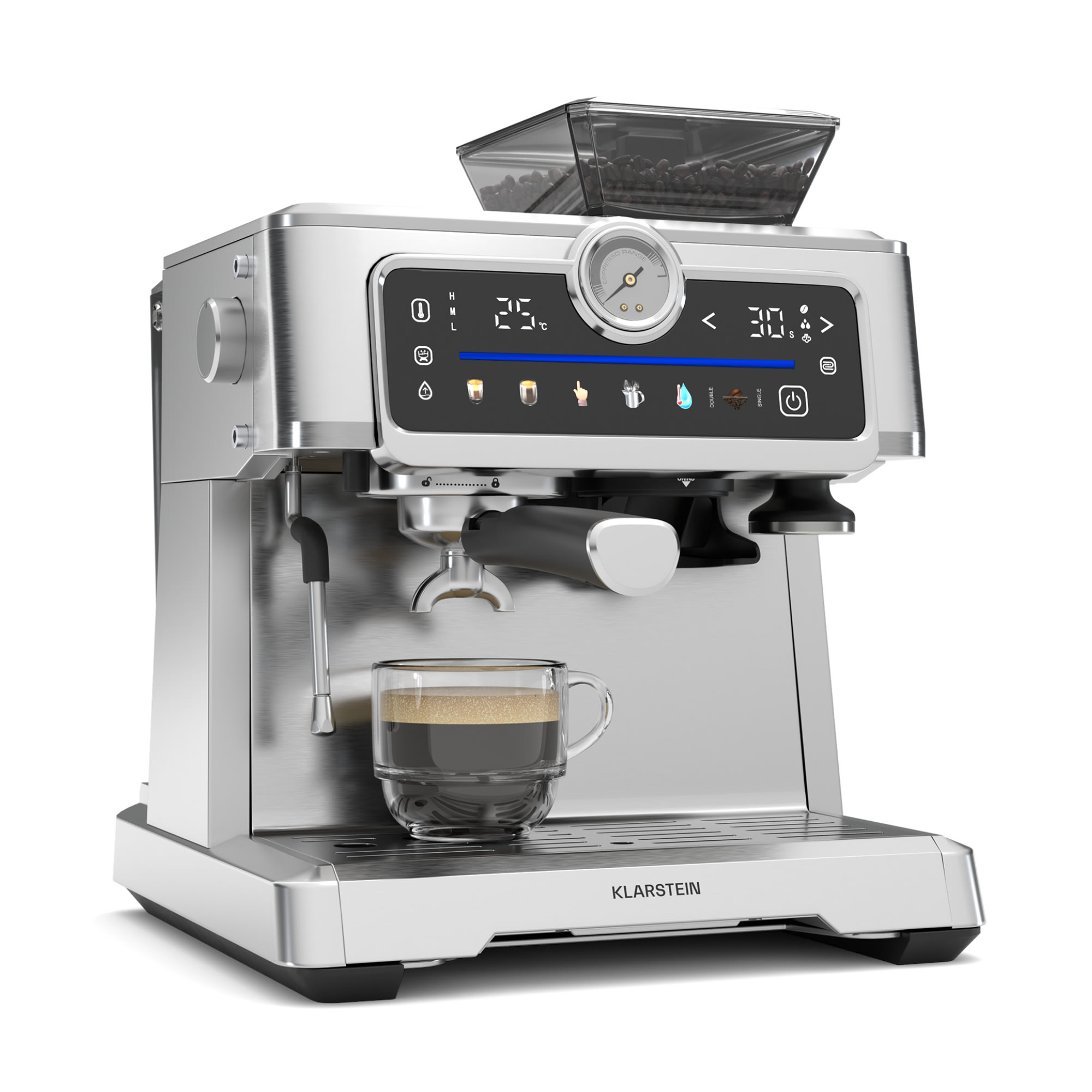 Klarstein GrandPresso Touch aparat za kavu, 20 barova, integrirani mlin, indikator tlaka, mliječna pjena