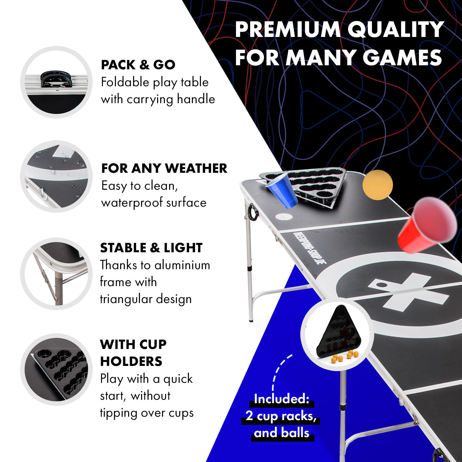 BeerCup Baseliner, set sa beer pong stolom, audio, ručke, držač loptica, 6 loptica