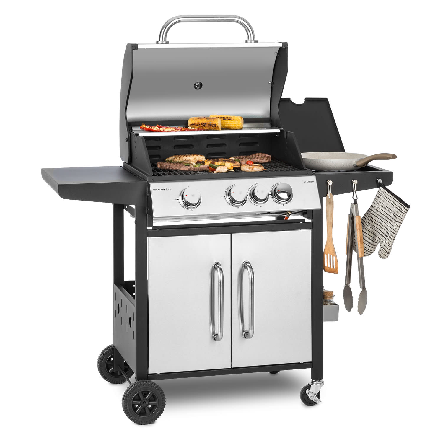 Klarstein Tomahawk 3.1 S, plinski roštilj, 3x3,6kW plamenik + 2,7kW bočni plamenik, 60x45cm, roštilj, inox