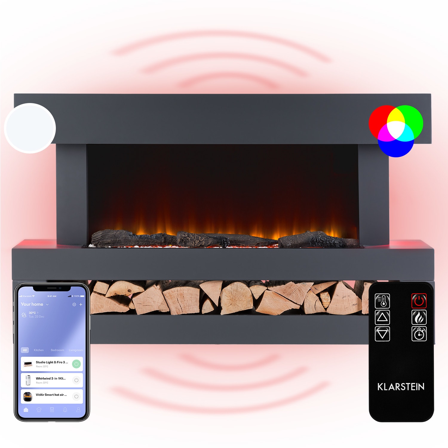 Klarstein Studio Light & Fire 3 Smart, kamin, 1000/2000W, MDF, WiFi Control