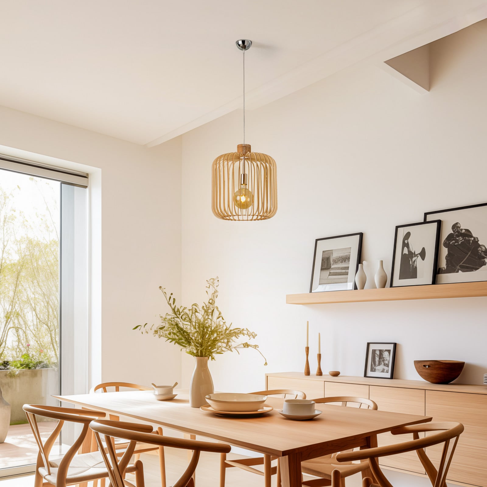 Viseća lampa Paz krom, drvena letvica cilindar Ø 45cm