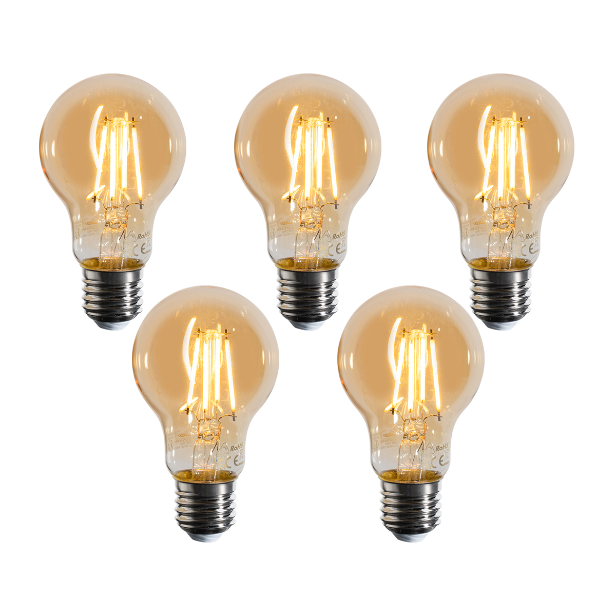 Set od 5 E27 prigušivih LED žarulja A60 zlatne 4W 420 lm 2200K