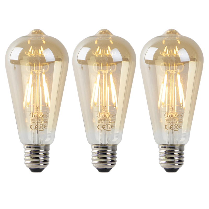 Set od 3 LED žarulja E27 ST64 zlatne s senzorom sumraka 4W 400lm 2200K