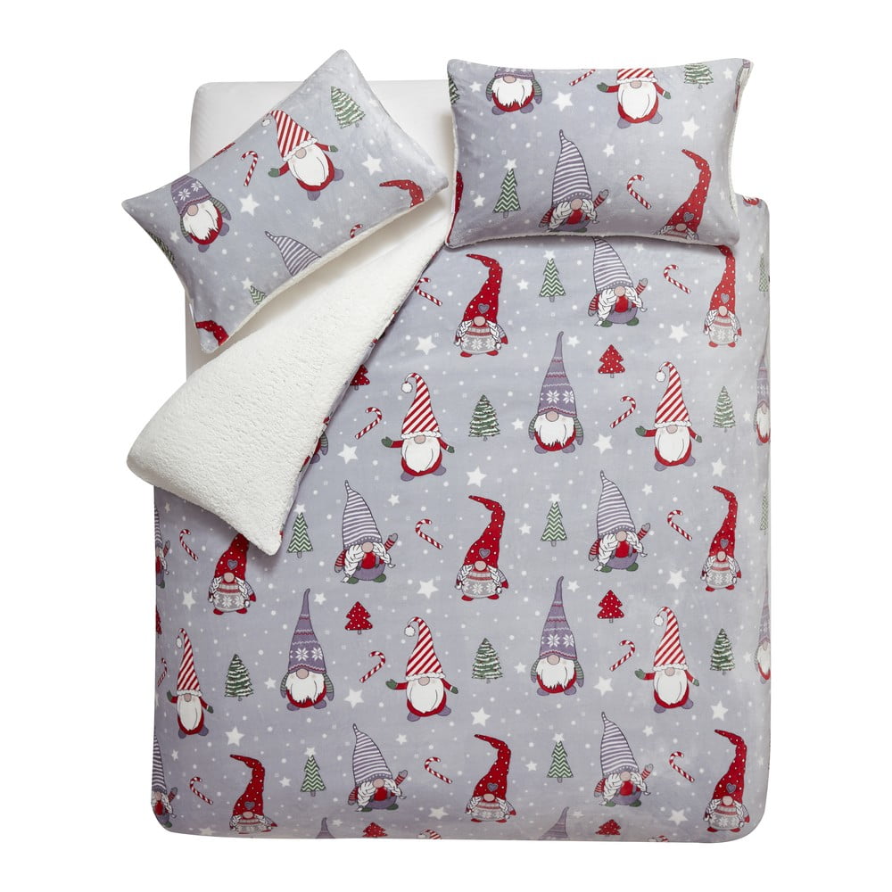 Siva posteljina za bračni krevet/za produženi krevet od mikropliša 230x220 cm Festive Gnomes – Catherine Lansfield