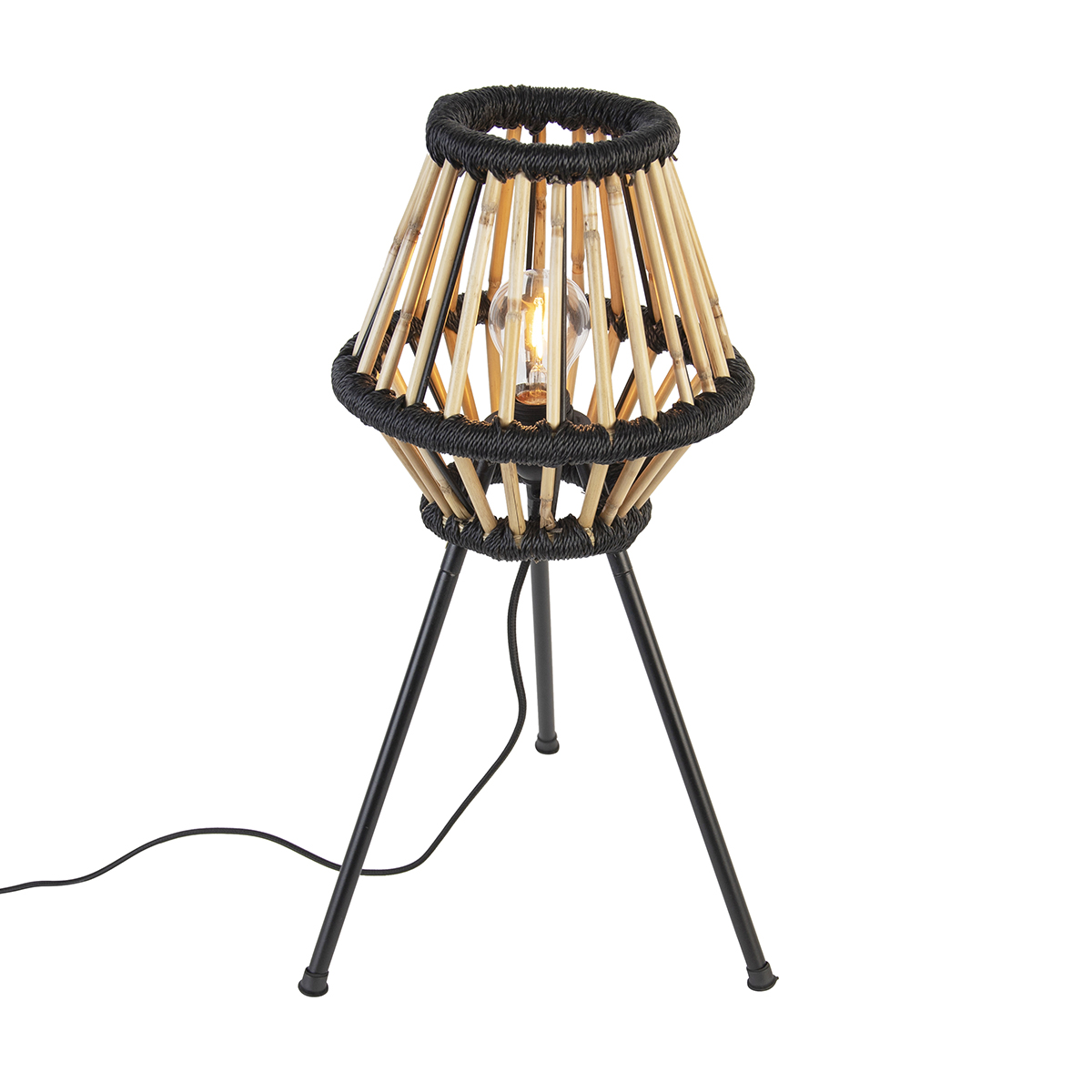 Rustikalna stolna lampa na tronošcu od bambusa s crnom bojom - Evalin