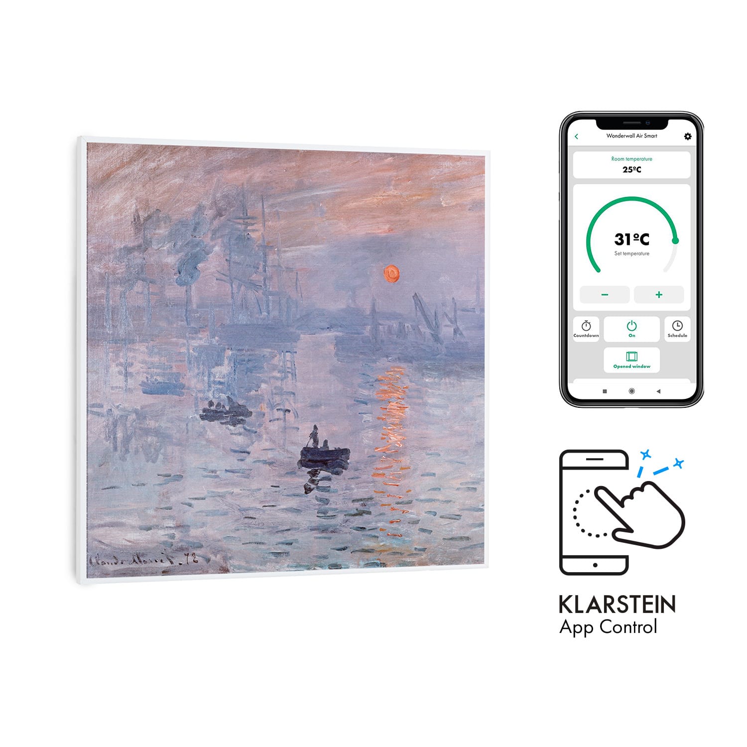 Klarstein Wonderwall Air Art Smart, infracrveni grijač, 60 x 60 cm, 350 W, aplikacija, izlazak sunca