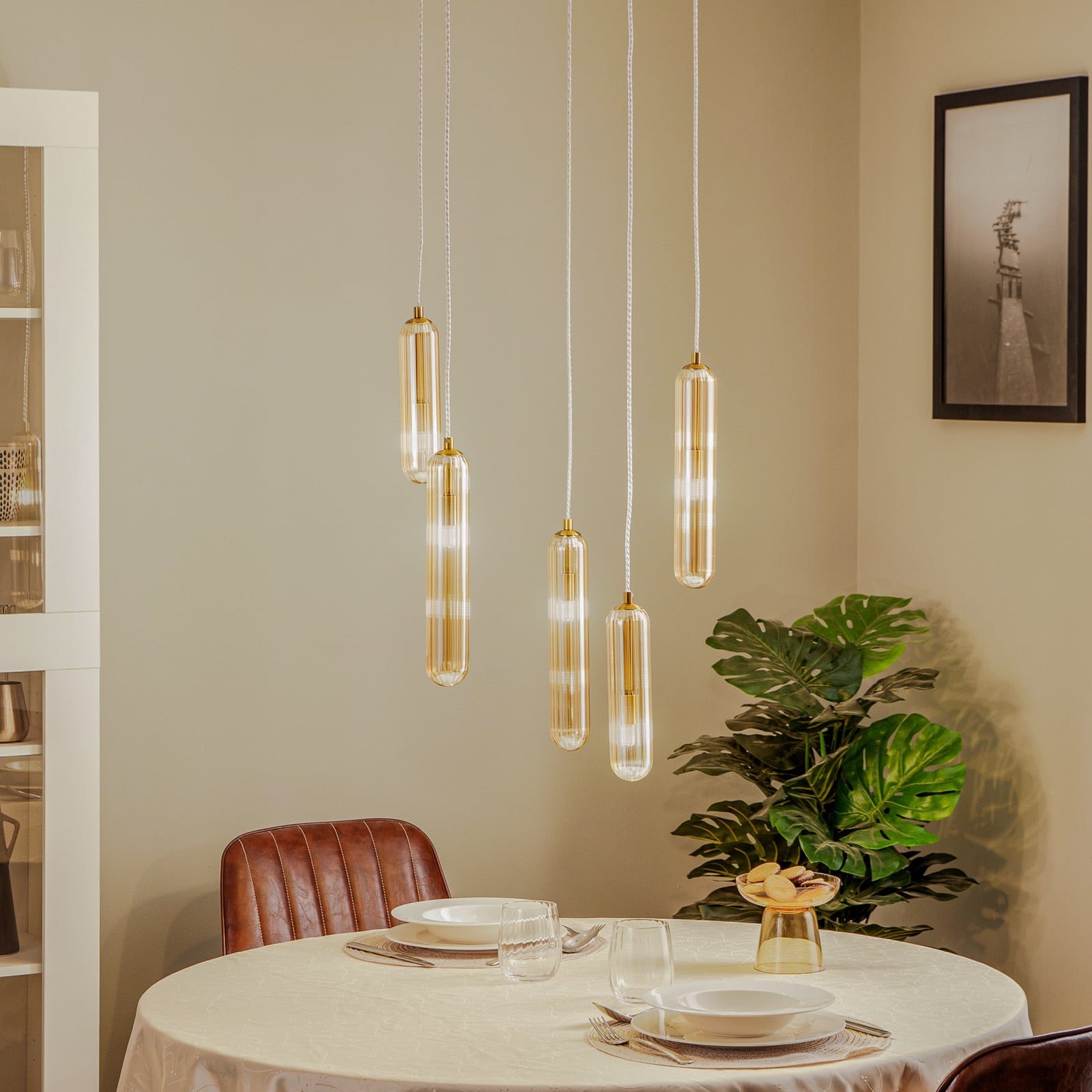 Lucande Freylin viseća svjetiljka, 5 žarulja, jantar, staklo, 48 cm