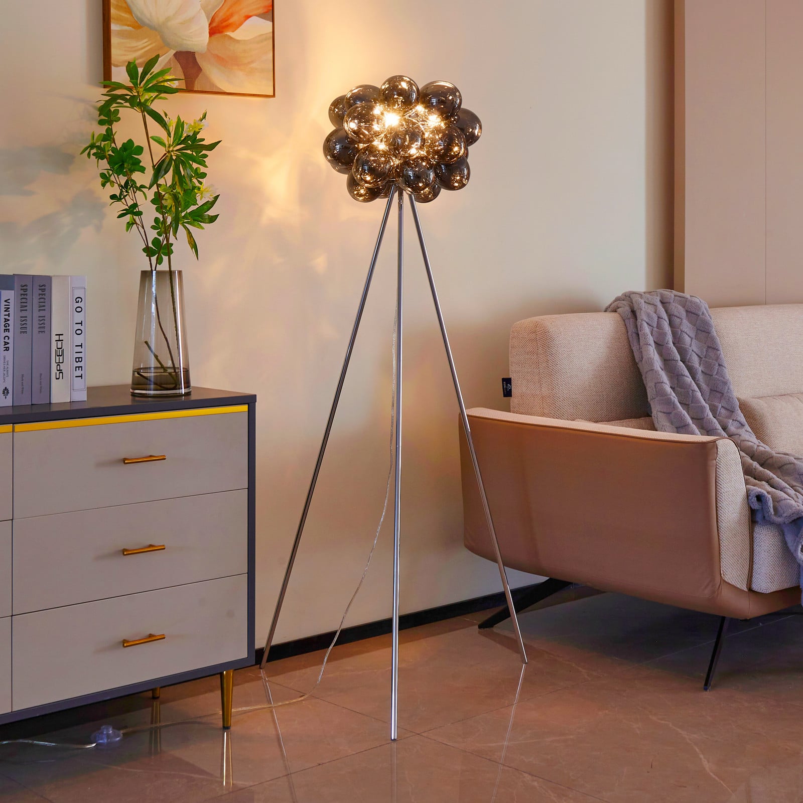 Lucande podna lampa Diborah, dimno siva, staklo, 150 cm, G9