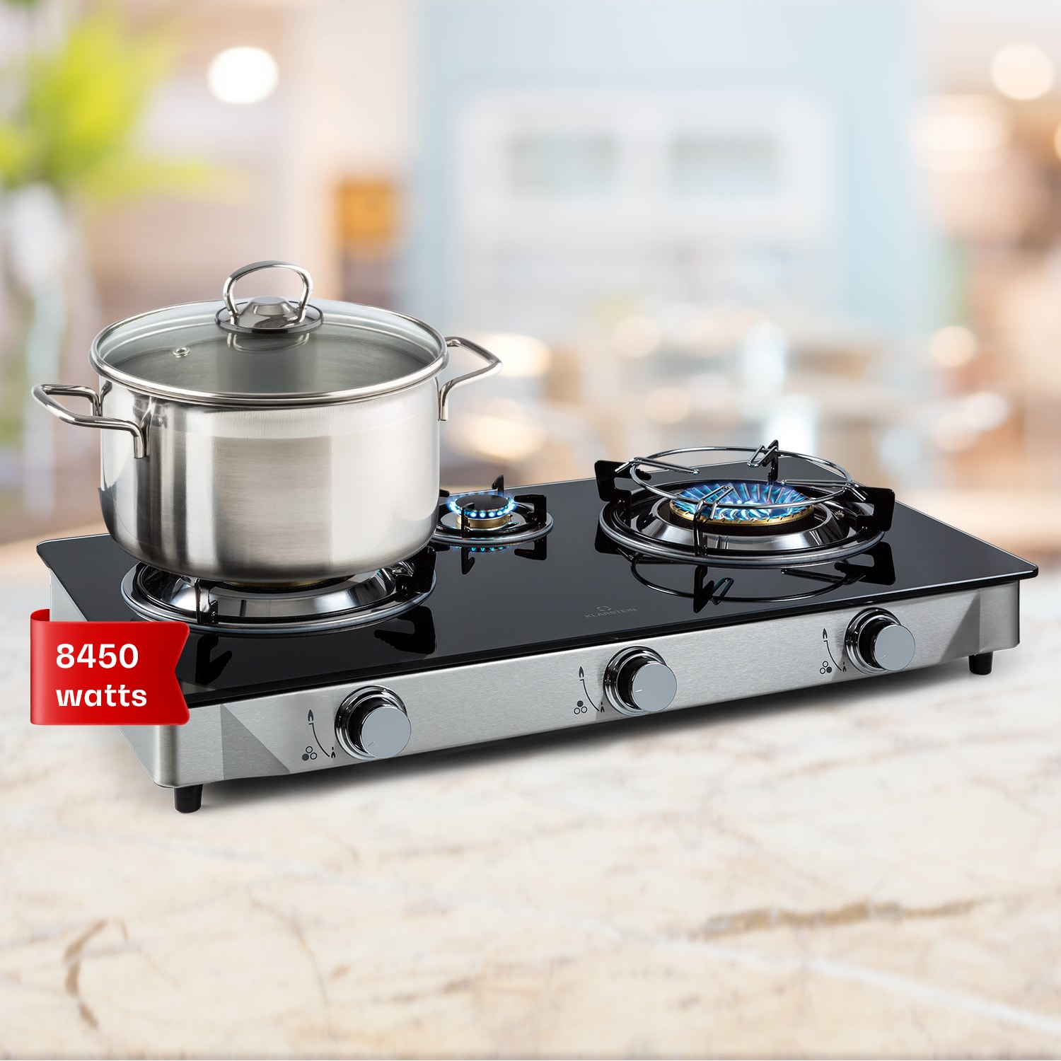 Klarstein Barzona 3, štednjak za kampiranje, 3 plamenika, 3,4 kW & 0,75 kW & 4,3 kW, staklena ploča i poklopac od nehrđajućeg čelika