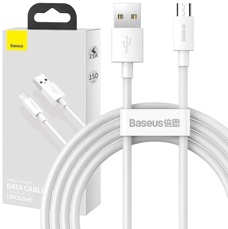 Kabel Baseus Simple Wisdom Data Cable Kit USB to Micro 2.1A (2PCS/Set) 1.5m White (6953156203334)