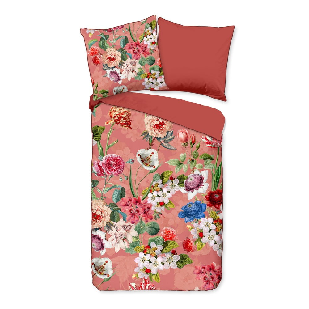 Narančasta posteljina od organskog pamuka Descanso Flowery, 200 x 220 cm