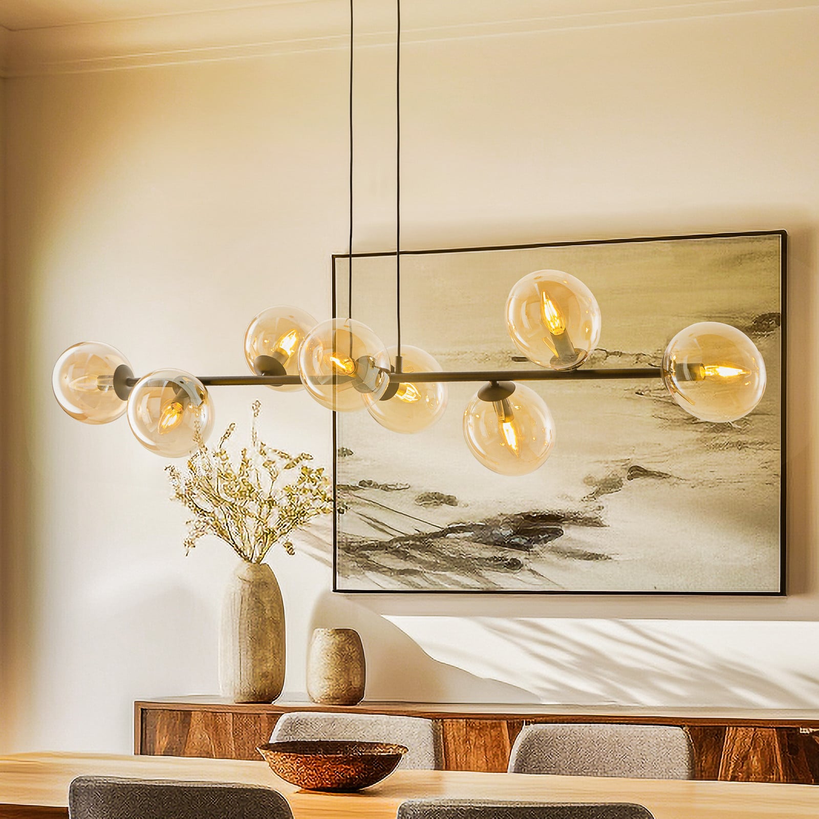 Staklena viseća svjetiljka, 8 lampica, crna, jantarna, staklo, E14