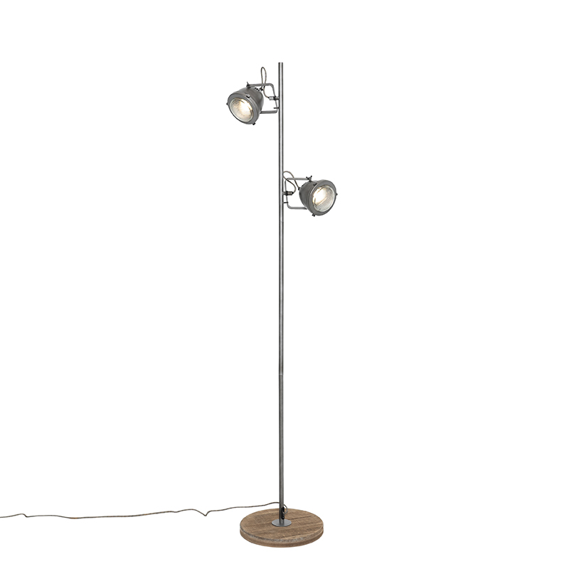 Industrijska podna lampa čelik s drvom 2-svjetla - Emado
