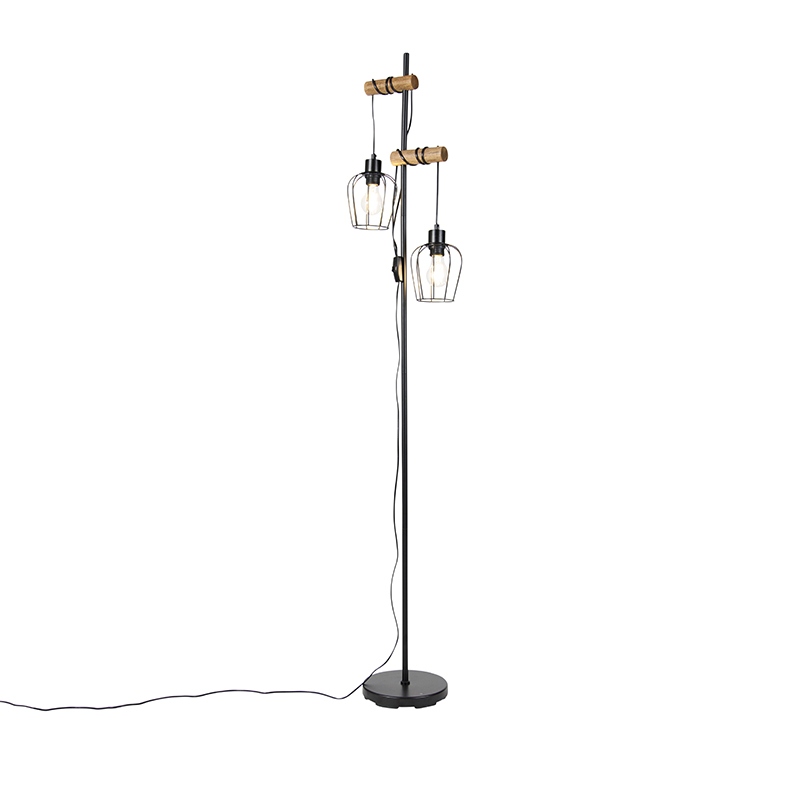 Rustikalna podna lampa crna s drvom 2-svjetla - Stronk