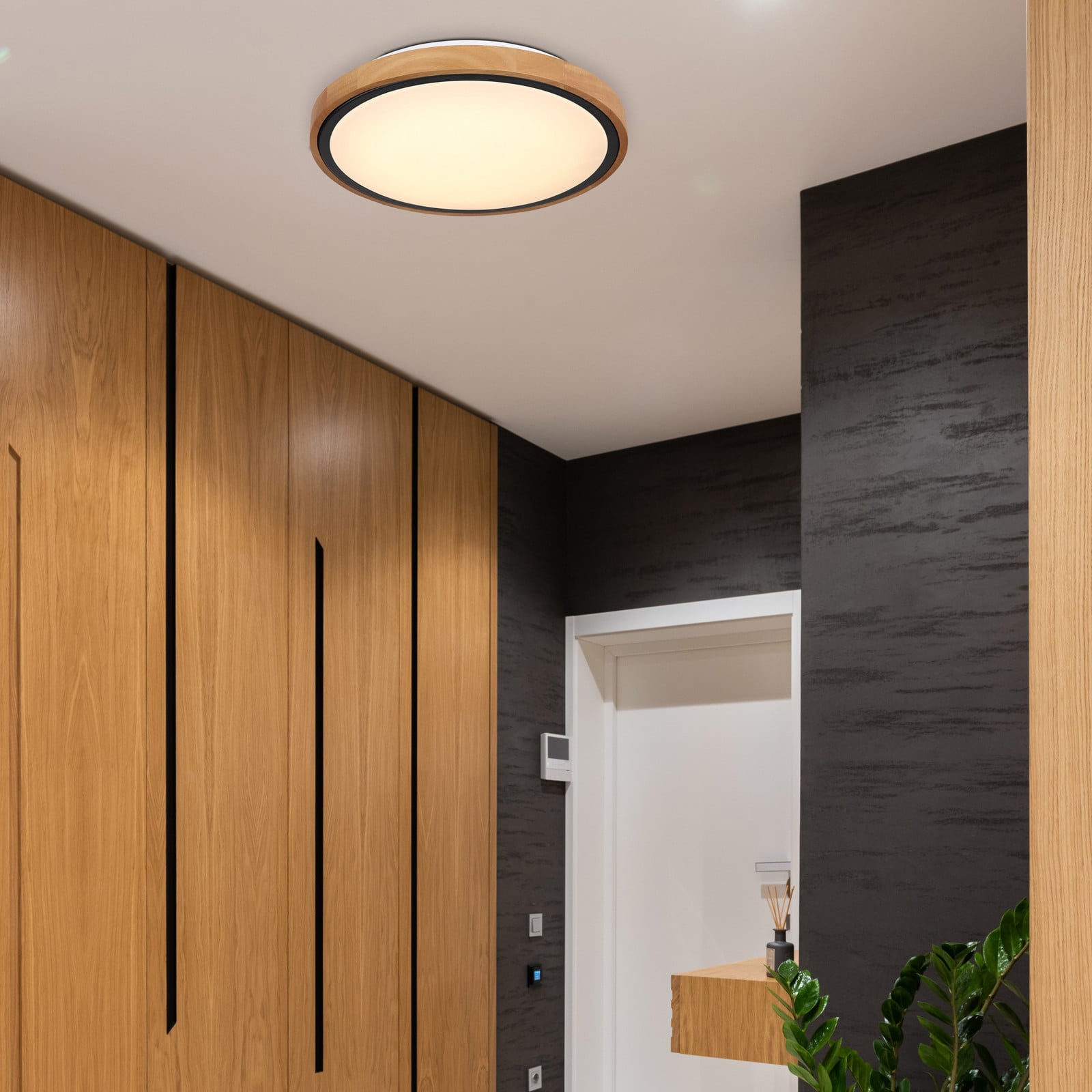 Bruno LED stropna svjetiljka s drvenim okvirom CCT Ø 30 cm