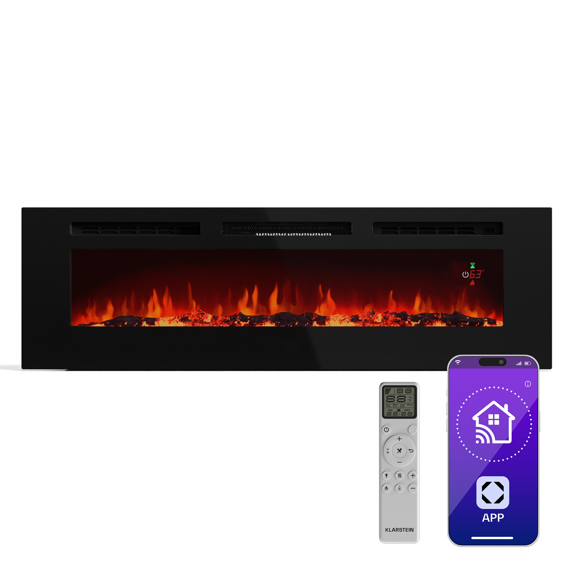 Klarstein Galeras Smart Inteligentni električni kamin, 2 postavke temperature, 16 - 30°| Iluzija LED plamena, Mogućnost spajanja na IOT