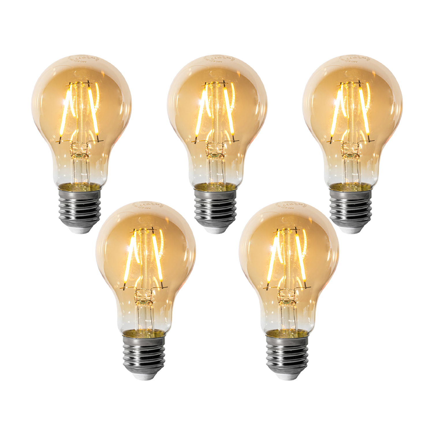 Set od 5 E27 prigušivih LED žarulja A60 zlatne 3W 310 lm 2200K