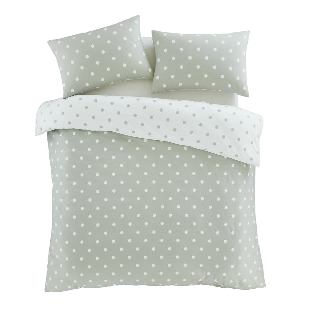 Bijela/zelena flanelska posteljina za bračni krevet 200x200 cm Polka Dot – Catherine Lansfield
