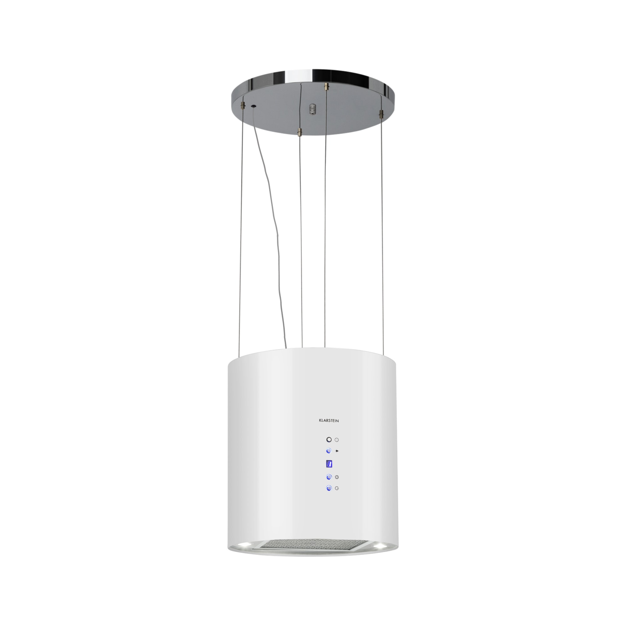 Klarstein Barett, otočna napa, Ø 35 cm, recirkulacija 560 m³/h, LED, filter s aktivnim ugljenom, bijela