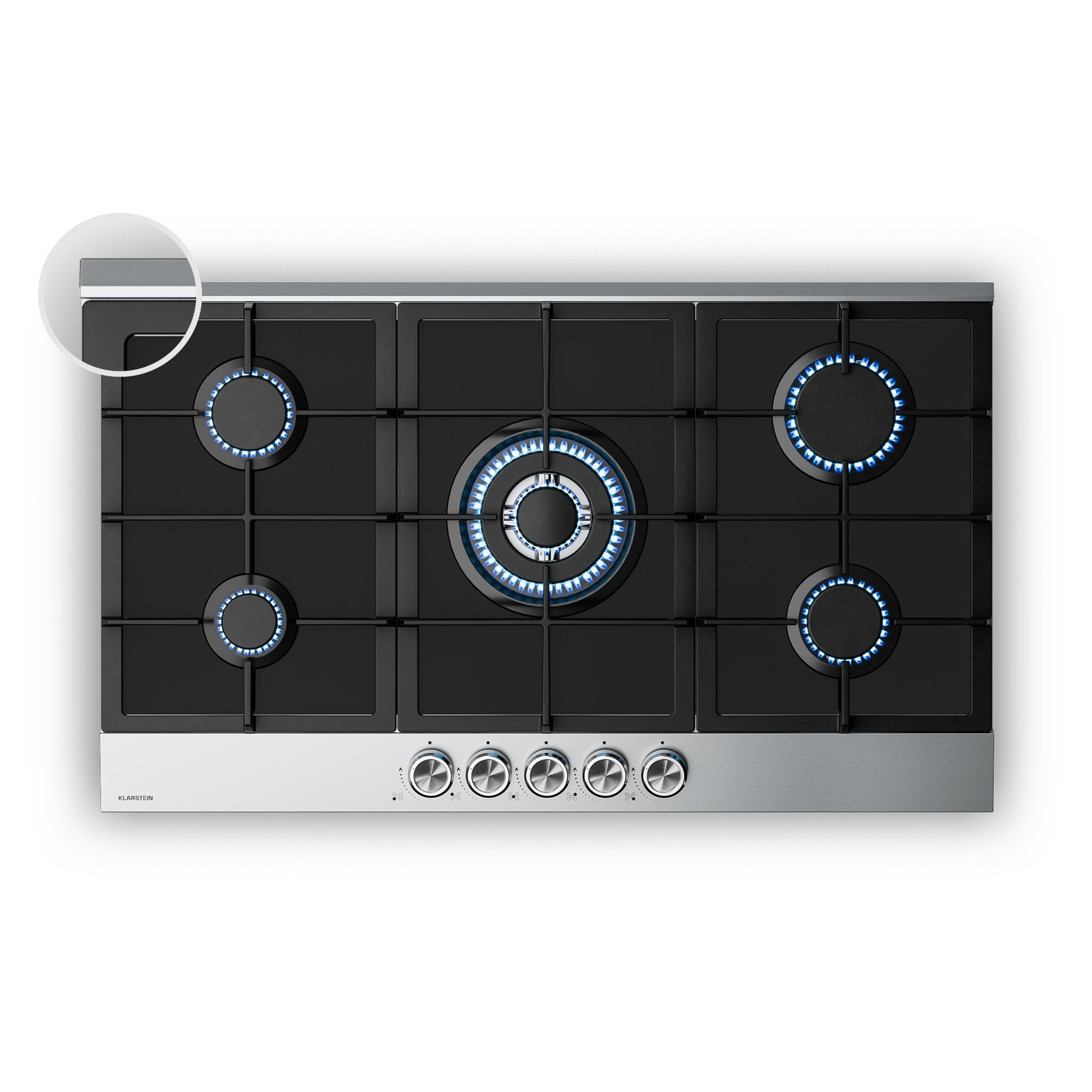 Klarstein Verosteel plinska ploča za kuhanje, 5 plamenika, električno paljenje, kompatibilno s prirodnim plinom i ukapljenim naftnim plinom, 10400 W, 90 cm