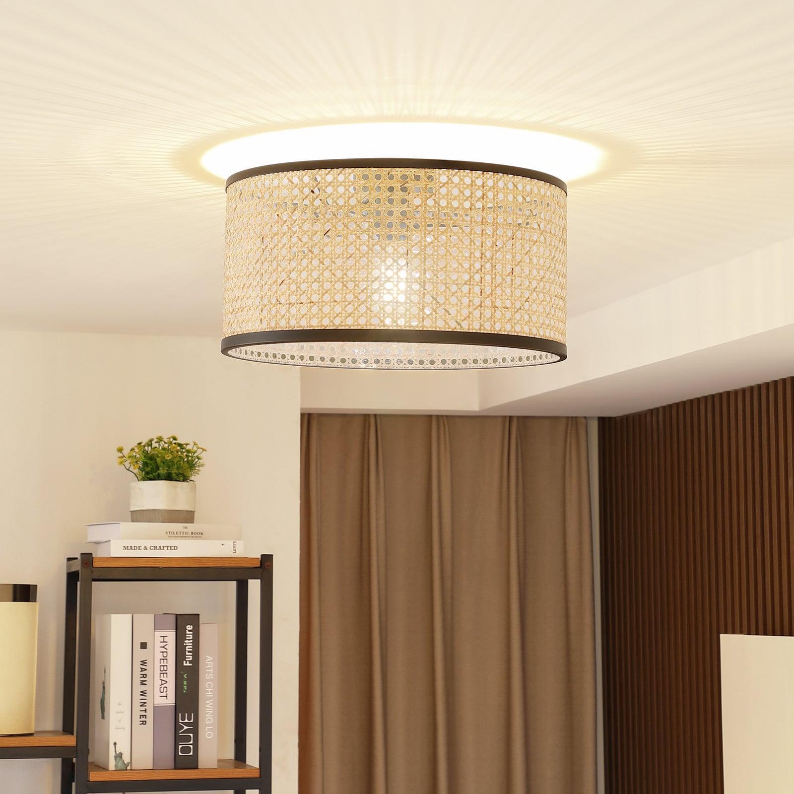 Lindby stropna lampa Yaelle, 22 cm visoka, ratan, crna, E27