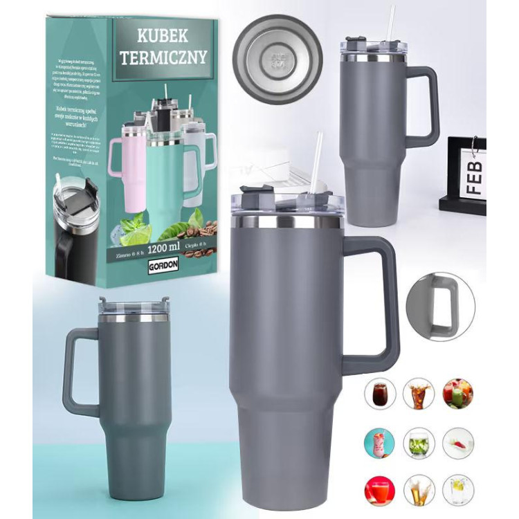 Velika tamnosiva termos šalica sa slamkom - 1200 ml