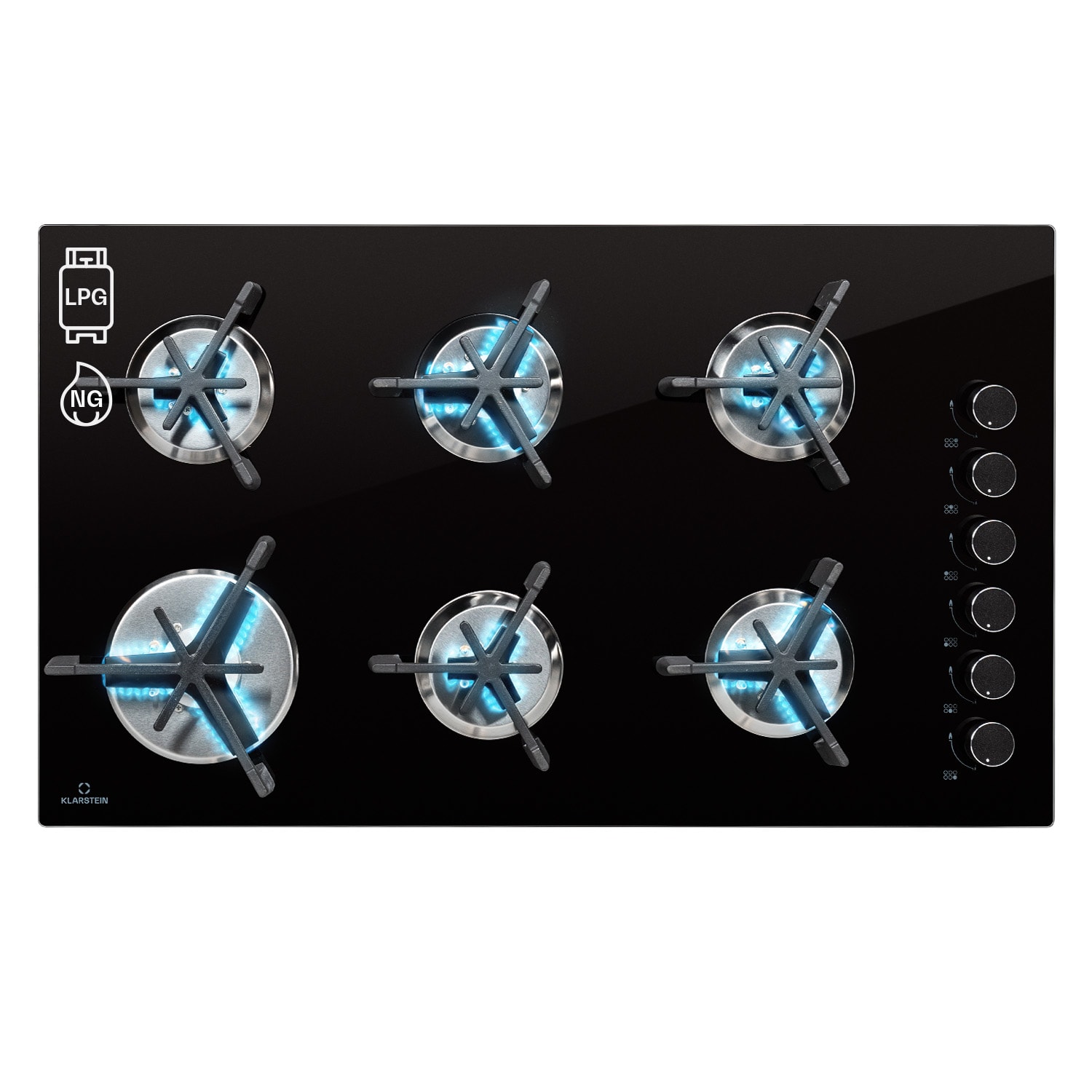 Klarstein Trifecta 6 plinska ploča za kuhanje, 6 plamenika, veliki, normalni i pomoćni plamenici, staklokeramika