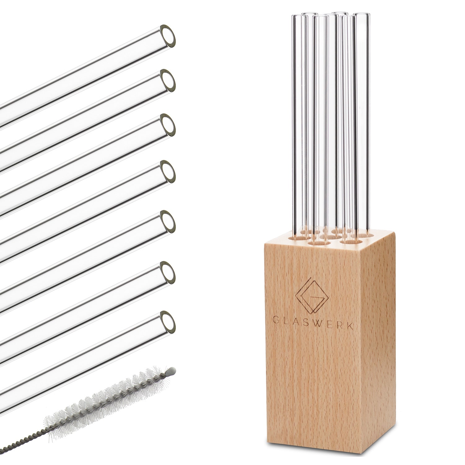 Klarstein Glaswerk Freeszeria, staklene slamke, 7 komada, 0,8 x 20 cm (Ø x V), drveni držač, četka