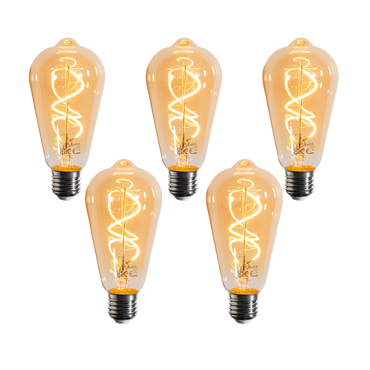 Set od 5 E27 prigušivih LED žarulja spiralnog filamenta ST64 zlatne 4W 270 lm 2100K