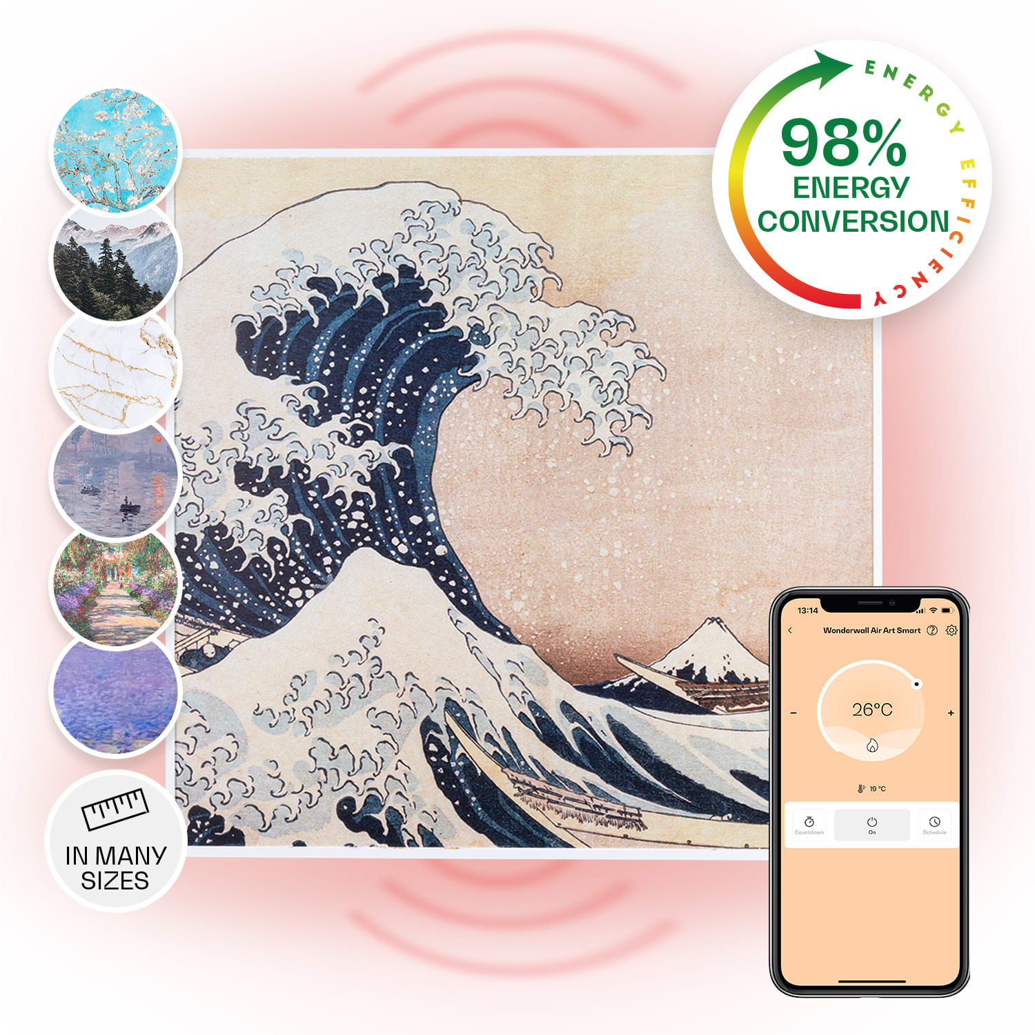 Klarstein Wonderwall Air Art Smart, infracrveni grijač, 60 x 60 cm, 350 W, aplikacija, valovi