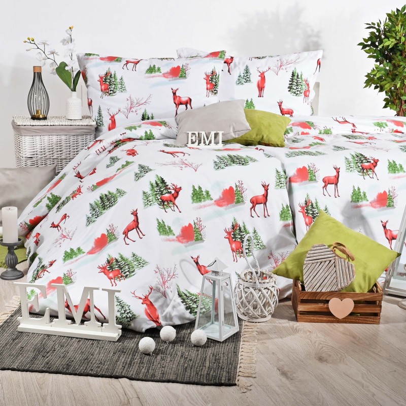 Božićna pamučna posteljina Loplant EMI, Produženi krevet za jednu osobu uključuje 1x 140x220 + 1x 70x90