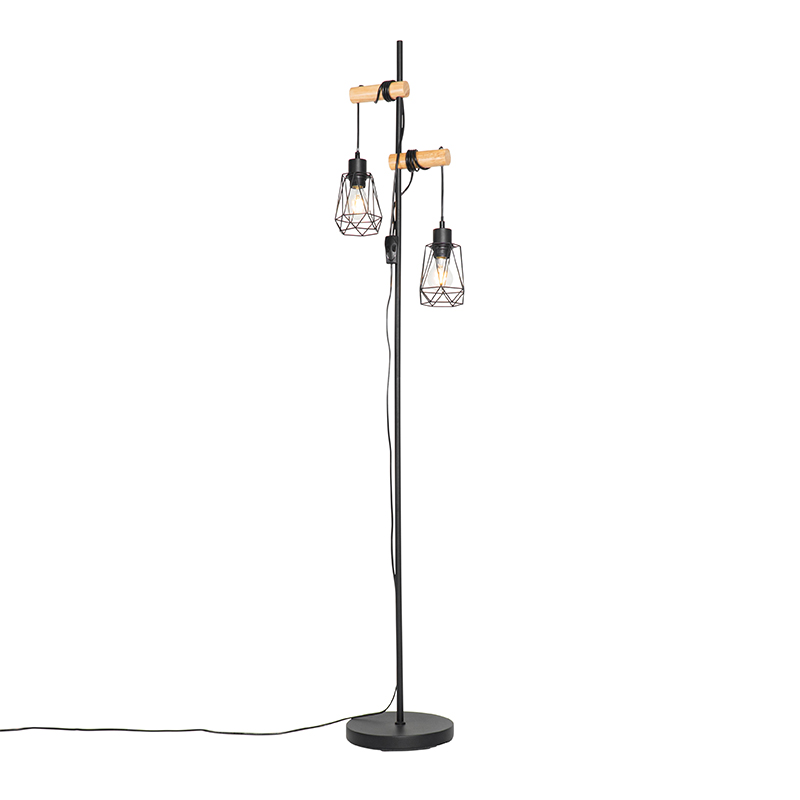Rustikalna podna lampa crna s drvom 2-svjetla s nijansom - Dami Frame