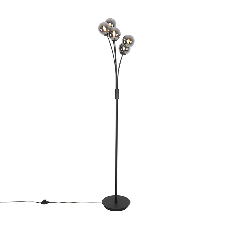 Moderna podna lampa crna s 5 svjetala s dimnim staklom - Atena