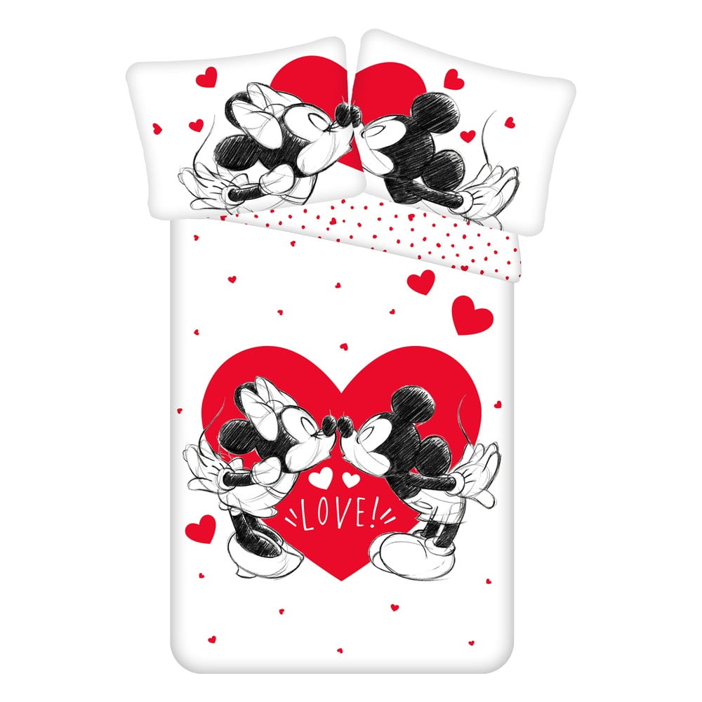 Crvena/bijela pamučna dječja posteljina za krevet za jednu osobu 140x200 cm Mickey and Minnie "Love" – Jerry Fabrics