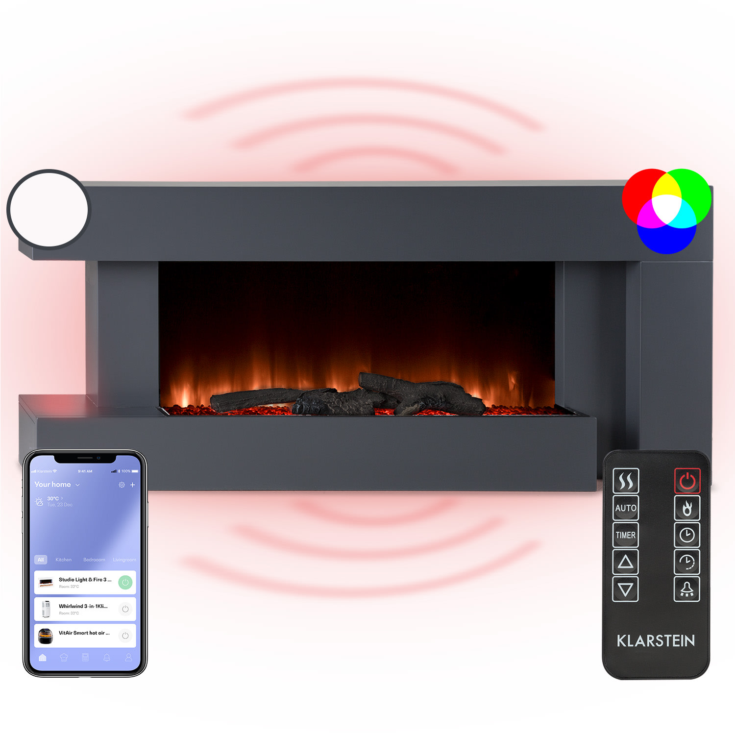 Klarstein Studio Light & Fire 2 Smart, kamin, 1000/2000W, MDF, WiFi Control