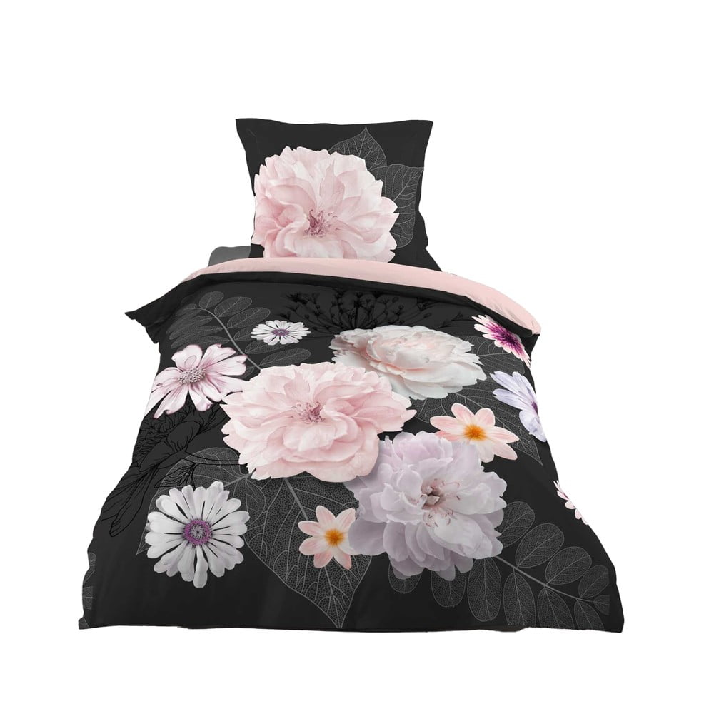 Crna/ružičasta pamučna posteljina za krevet za jednu osobu 140x200 cm Floral – douceur d'intérieur