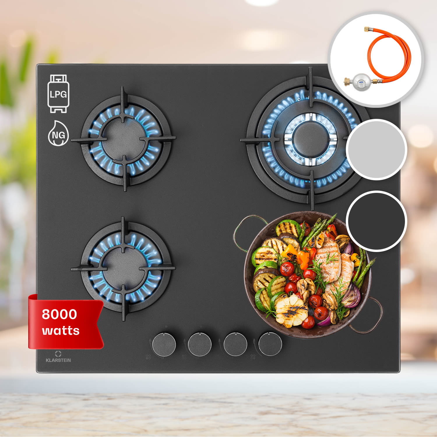 Klarstein Firetale, plinska ploča za kuhanje, 4 plamenika, aluminijski plamenici, uključujući crijevo i reducir ventil