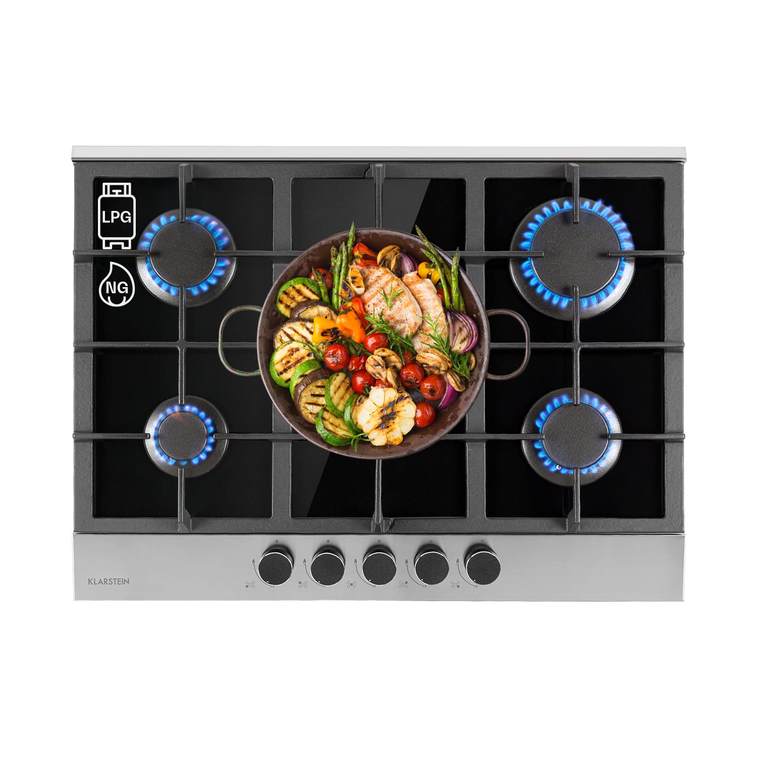 Klarstein Alchemist, 5-zonska plinska ploča kuhanje, aluminijski plamenici, staklokeramika, crna