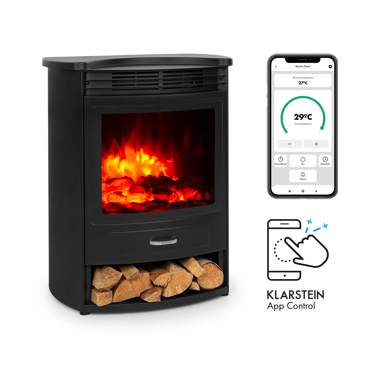 Klarstein Bormio S Smart, električni kamin, 950/1900 W, termostat, tjedni timer, crni