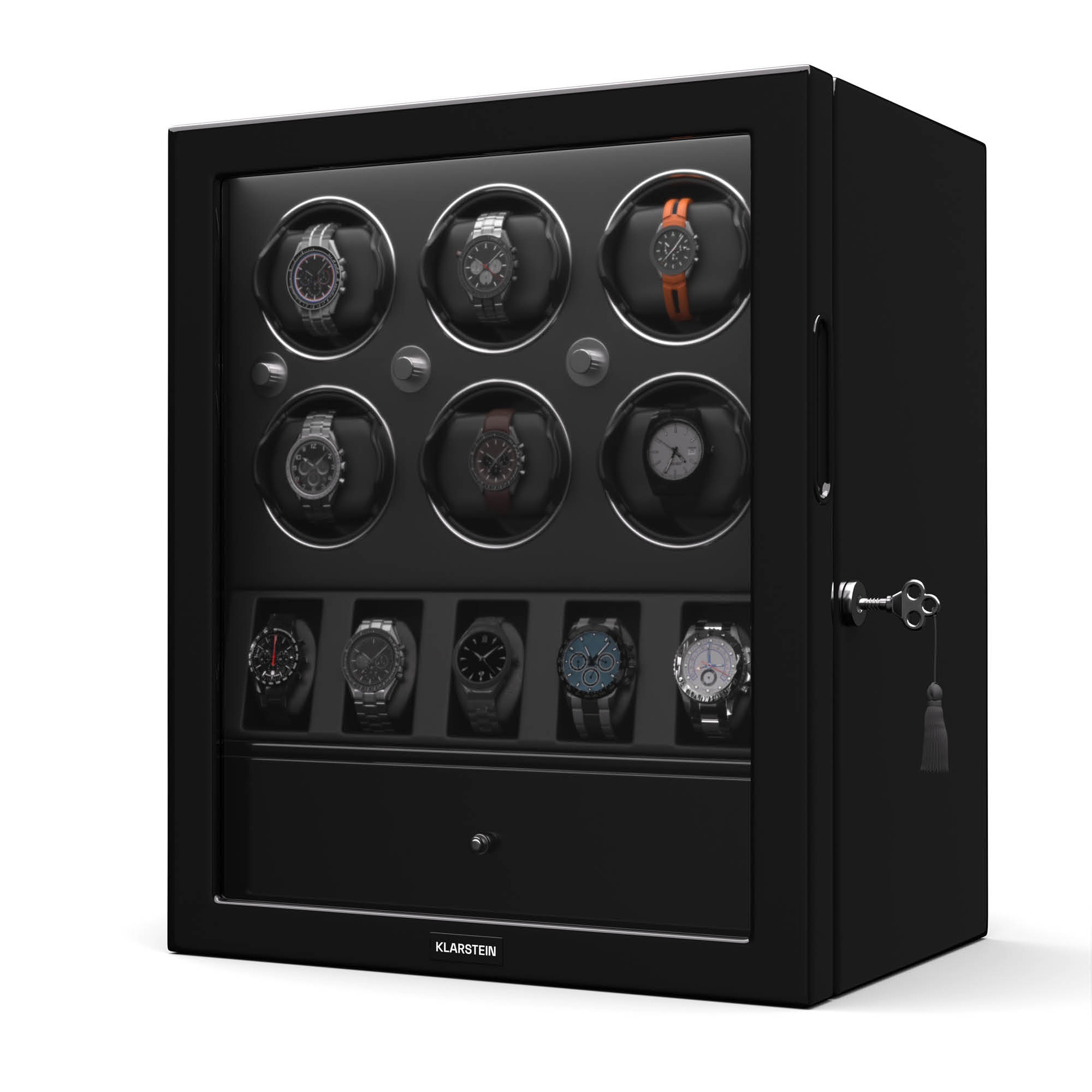 Klarstein ChronoVault navijač satova, 4+6 satova, veganski materijal, visoki sjaj, 4 režima, Mabuchi motor, LED, utičnica