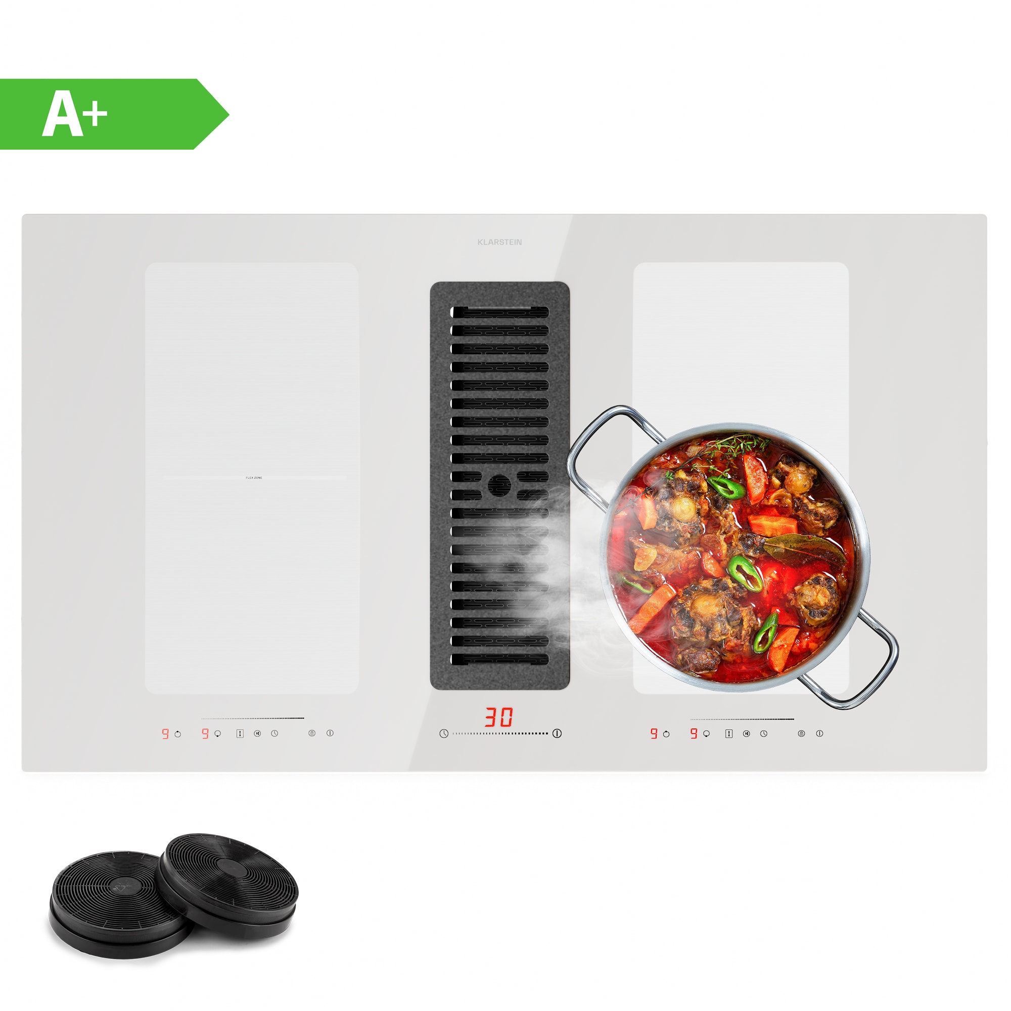 Klarstein Full House 90 Down Air System, indukcijsko kuhalo + napa, 477 m3/h, razred energetske učinkovitosti A