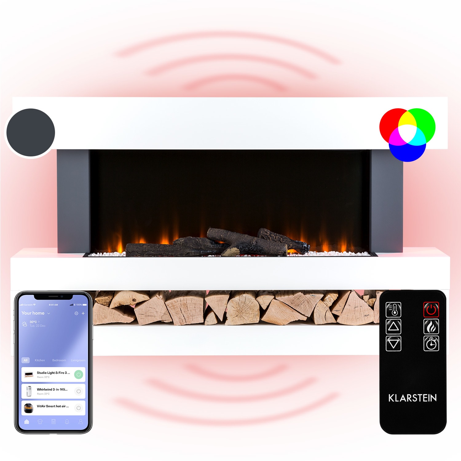 Klarstein Studio Light & Fire 3 Smart, kamin, 1000/2000W, MDF, WiFi Control
