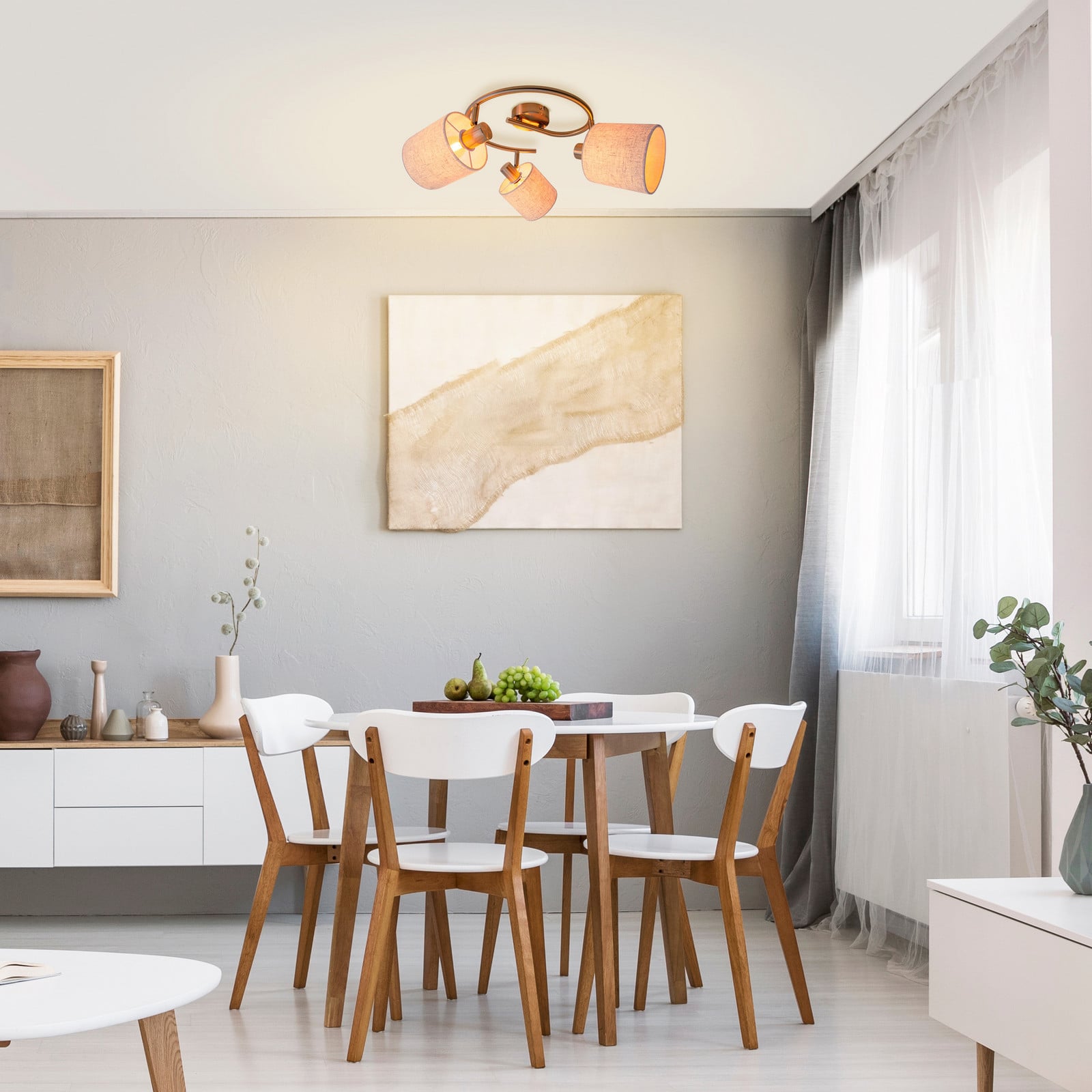 Maronska stropna okrugla, tri sijalice, tekstil, bež