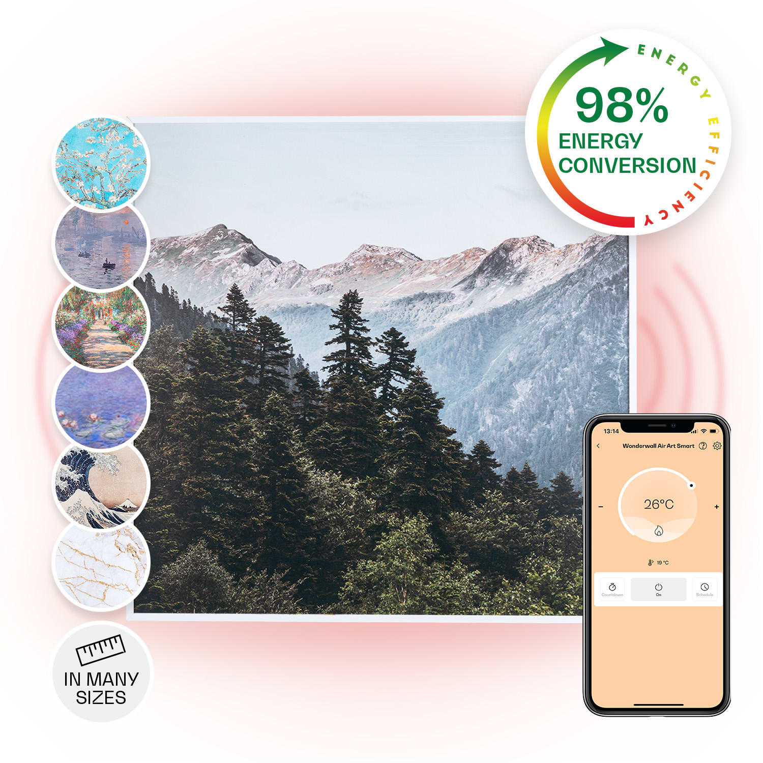 Klarstein Wonderwall Air Art Smart, infracrveni grijač, 60 x 60 cm, 350 W, aplikacija, planina