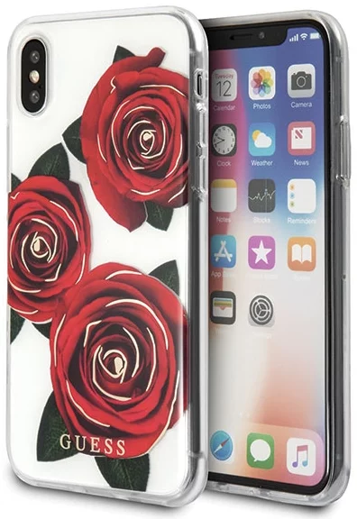 Maska Guess iPhone X transparent hard case Flower Desire red rose (GUHCPXROSTR)