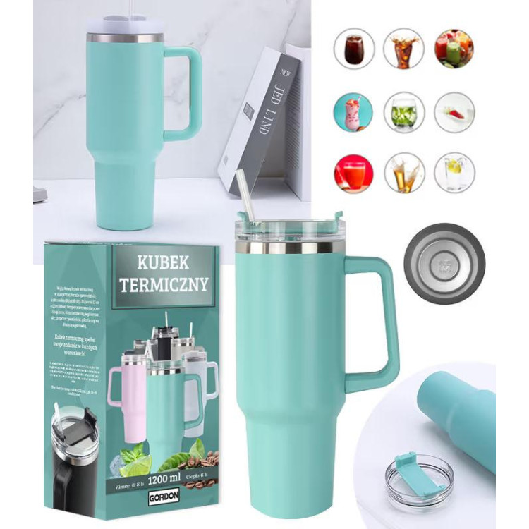 Velika termos šalica tirkizne boje sa slamkom - 1200 ml