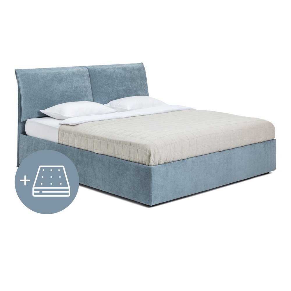 Plavi tapecirani bračni krevet s prostorom za pohranu s madracem/letvičastim okvirom 160x200 cm Thessa Pillow - Bonami Selection