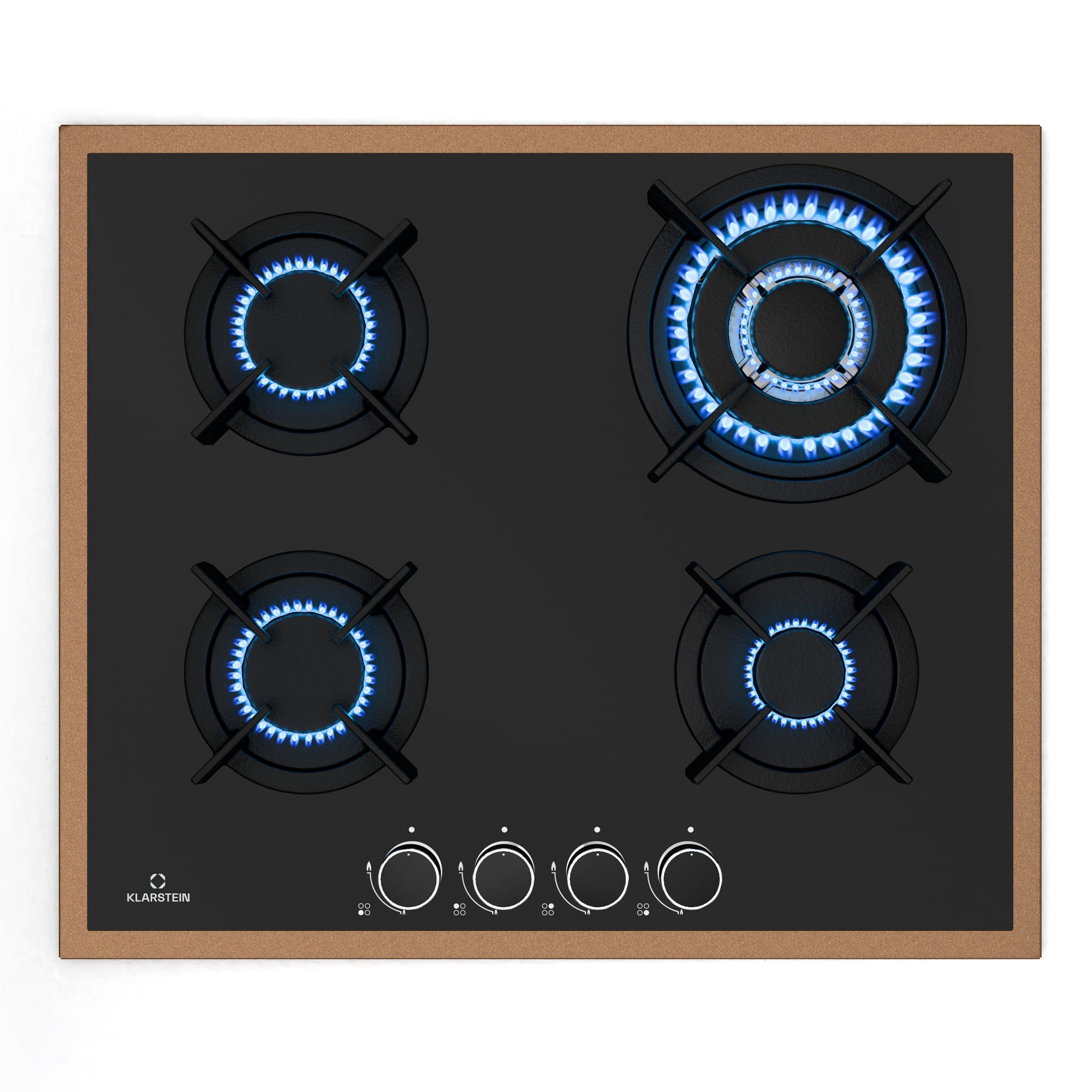Klarstein Lumiflame plinska ploča za kuhanje, 4 plamenika, bakreni okvir, električno paljenje, snaga 8 kW