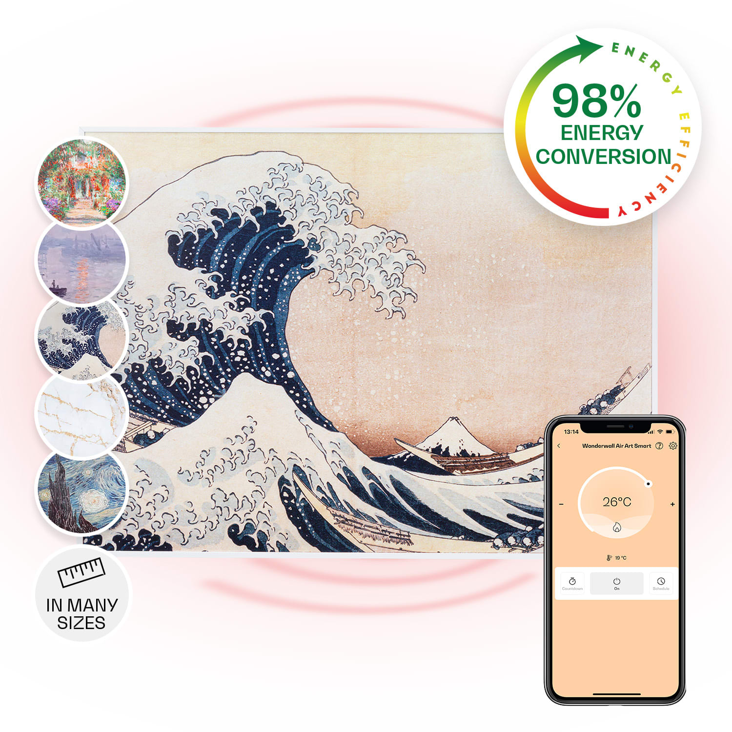 Klarstein Wonderwall Air Art Smart, infracrveni grijač, 80 x 60 cm, 500 W, aplikacija, plavi valovi